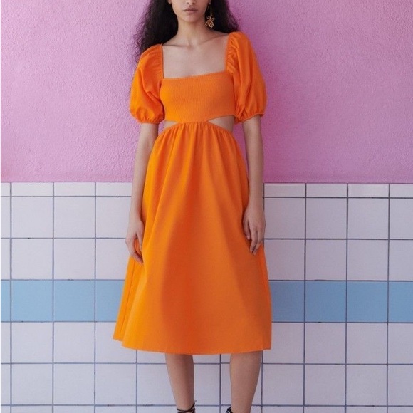 Zara Dresses & Skirts - Zara Orange Puff Sleeve Cut Out Dress